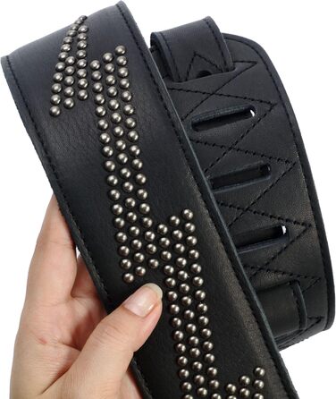 Гітарний ремінь Nefelibata з повномісної шкіри, з підкладкою з піни, з металевими заклепками, для електро-, акустичної та бас-гітари (2,5 см, чорний карбон) (Blitzschlag)