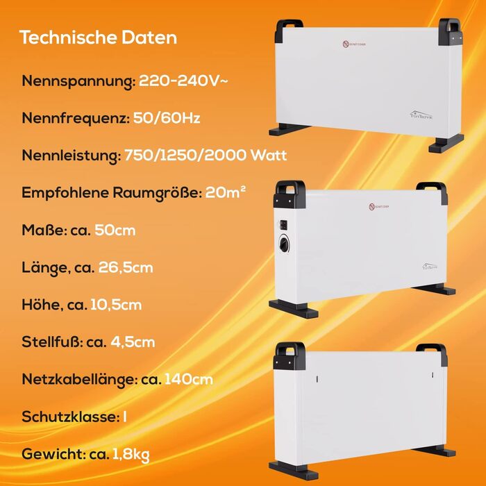 Електричний конвекторний обігрівач Tronitechnik® KH-101 2kW з 3 режимами нагріву, таймером та термостатом, мобільний, енергозберігаючий