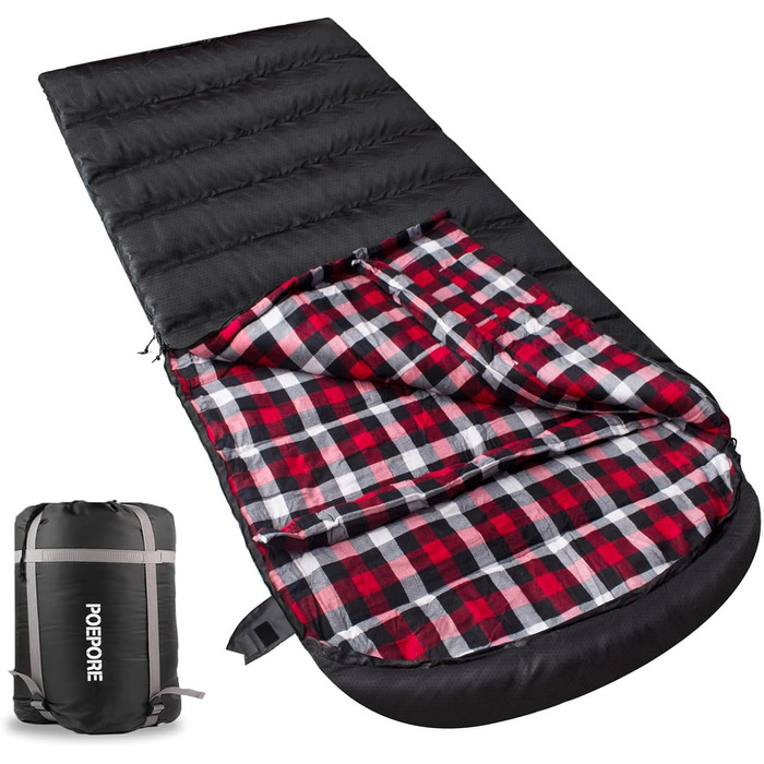 Спальний мішок XXL для дорослих, 3-4 сезони, фланель, для кемпінгу та зимових пригод, чорний, 230x90 см