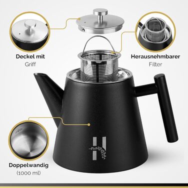 Hanamura Thermo Teapot with Infuser - Stainless Steel Teapot, Double-Walled and with Strainer - 1L - Black Metal Teapot - Insulated Thermos Modern Design