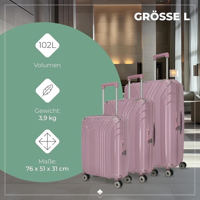 Валіза Travelite ELVAA Rosé 66 см (72-77 л) з розширюваним об'ємом, TSA-замком та захисними кутками. Набір валіз (L/M/S).