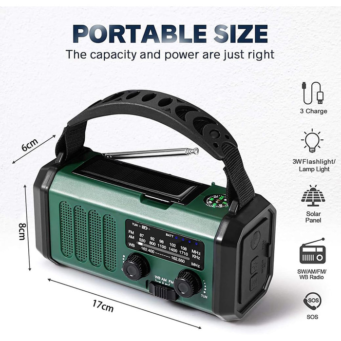 Радіо TKMARS на сонячній батареї 20000mAh з ручним заводом, FM/AM, SOS-сигнал, ліхтарик, компас. Зарядка телефонів USB