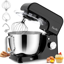 Планетарний кухонний комбайн-міксер 1300W, чаша з нержавіючої сталі 5.5л, 10 швидкостей, з насадками (гак, вінчик, міксер) та захистом від бризок, чорний