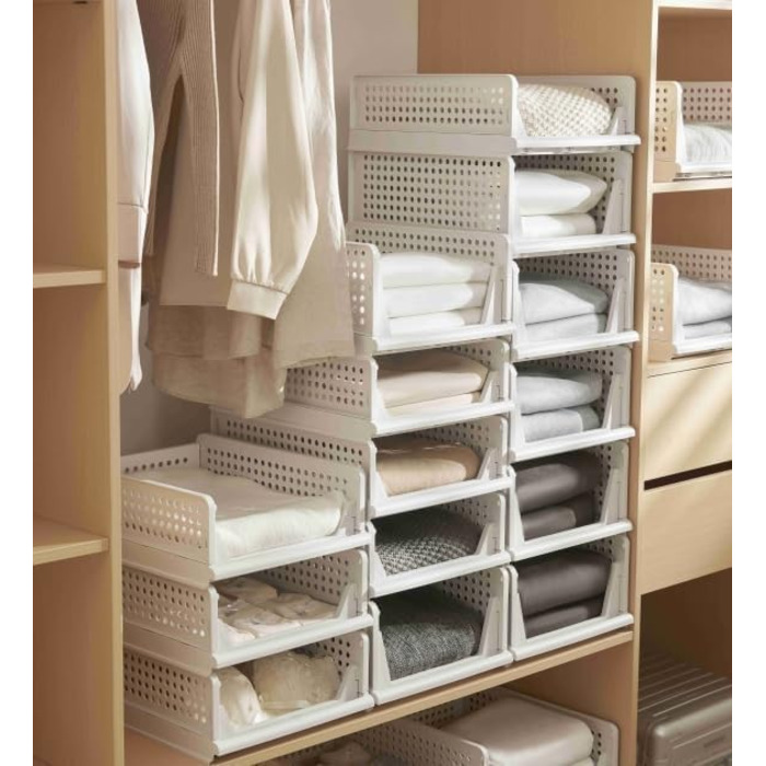 RMAN 8-Piece Stackable Folding Closet Storage Boxes, Closet Organizer Drawers, Plastic Storage Crates for Home, Bedroom, Kitchen - White