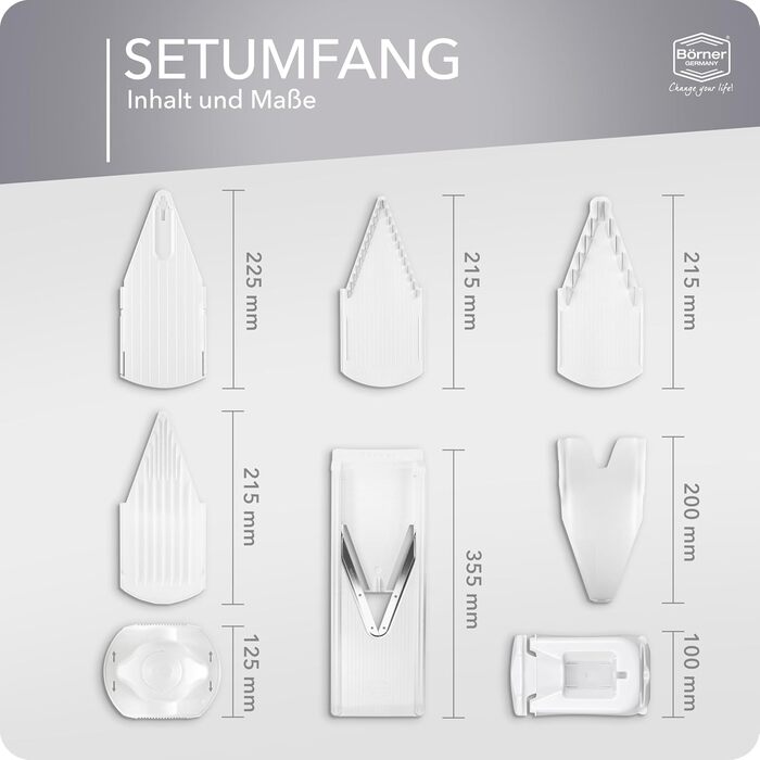 Набір овочерізів Börner V3 (Profi Set) – багатофункціональний овочевий слайсер для нарізки скибочками, жульєном, кубиками • Регульований V-різак • Нержавіюча сталь V-лезо • Набір овочевих слайсерів • Колір: Білий, Profi Set Білий