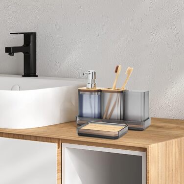 Набір аксесуарів для ванної кімнати FEILANDUO, 5 шт: дозатор для мила, мильниця, тримач для зубних щіток, стакан для води, піднос для косметики, Бохо, сучасний дизайн (сірий)