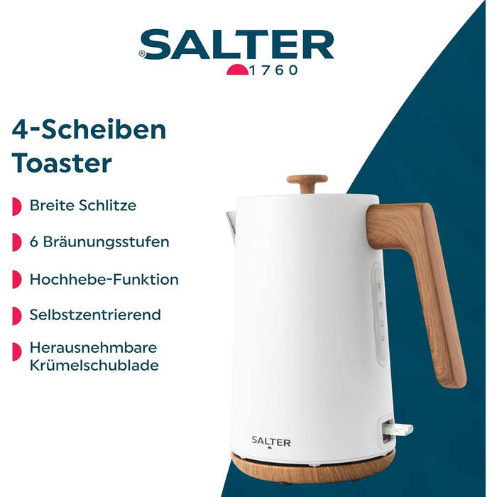 Електричний чайник Salter Toronto 1,7L з функцією швидкого кип'ятіння, 360° обертання, фільтром від накипу, дерев'яним дизайном, бездротовим підключенням, захистом від сухого кип'ятіння та автоматичним вимкненням. Otter-контролер, білий колір.