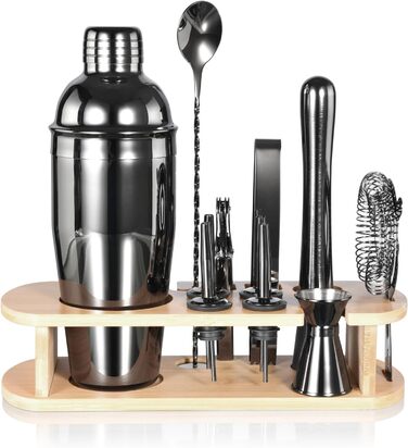 Набір для коктейлів з бамбуковим стійкою, 750 мл, 12 предметів. Професійний набір бармена з нержавіючої сталі для приготування коктейлів, з рецептами (сірий)