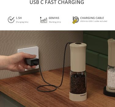 Електричні мельниці для солі та перцю TOMEEM (2 шт.) з LED-дисплеєм, USB-зарядкою, регулюванням помелу та керамічним механізмом, 125 мл, чорний/хакі