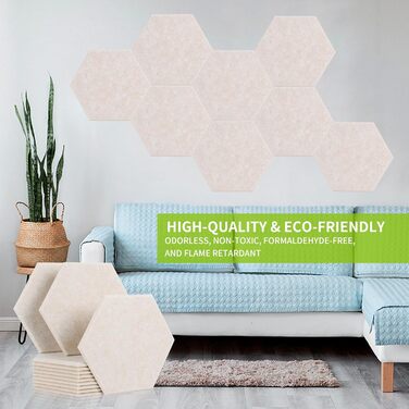 Набір акустичних панелей Rdutuok (12 шт), гексагональні звукопоглинаючі плити 30x26x1 см для студії, офісу та декору стін, колір верблюжий