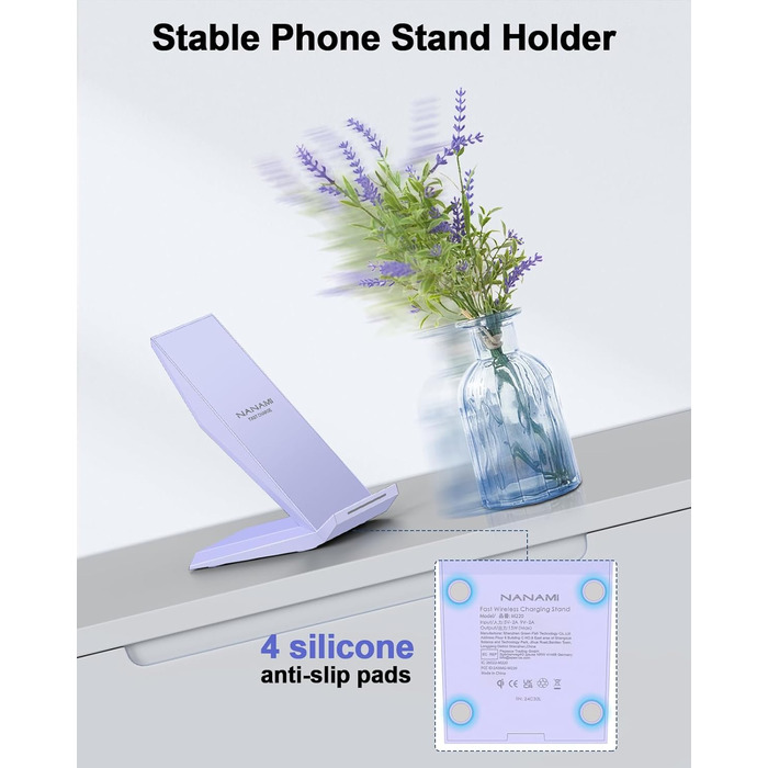 Бездротовий зарядний пристрій NANAMI Qi з адаптером USB-C 20W PD для iPhone 17/16/15/14/13/12 Pro Max XR 8 та Samsung Galaxy S25/S24/S23/S22 (фіолетовий)