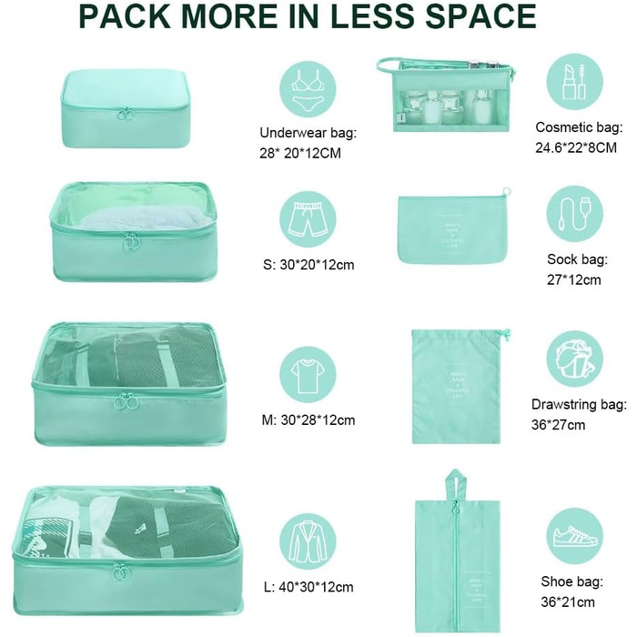 Органайзер для валізи OSDUE, набір 8 шт: кубики для пакування, водонепроникні чохли для одягу, сумочка для косметики, мішечок для взуття, кишеня для USB-кабелів (бежевий)