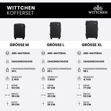 Набір валізWITTCHEN 3в1: велика, середня, маленька. Чорний, ABS, з коліщатками на 360°, TSA-замок. Підходить для Lufthansa, Eurowings, Ryanair, Condor