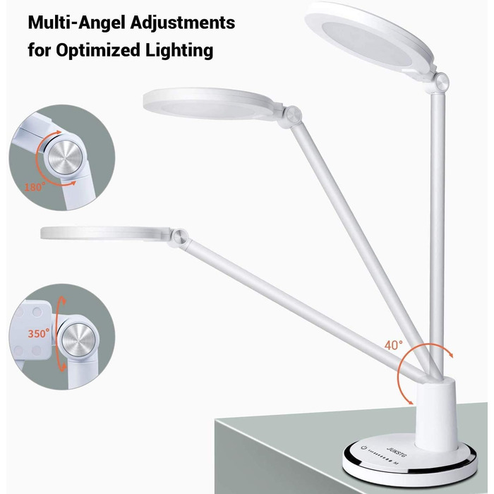 JUKSTG LED Desk Lamp - 12W Adjustable Office Table Lamp with Touch Control, Dimming, 10 Brightness Levels & 5 Color Modes - Eye Protection for Reading, Work, Kids (White)