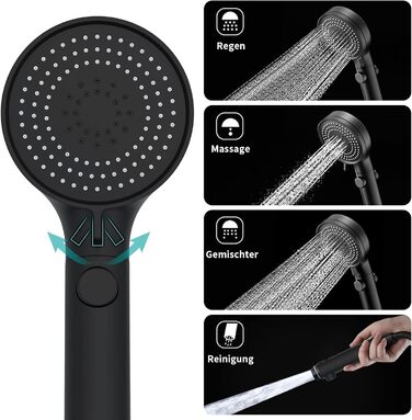 MIAOHUI Black Shower Head Water Pressure Booster, Handheld Shower with 3 Spray Patterns, Water-Saving High-Pressure Shower Head with Water Stop Function, Shower with Hose and Teflon Tape