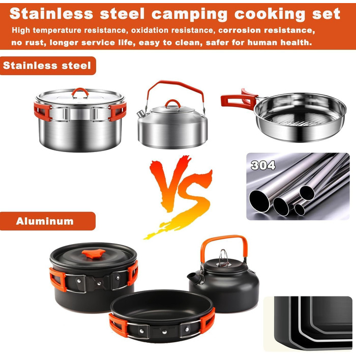 Набір посуду для кемпінгу з нержавіючої сталі 304, посуд для кемпінгу, каструля та сковорода з чайником, тарілками, виделкою, ножем, ложкою для 2-3 особи