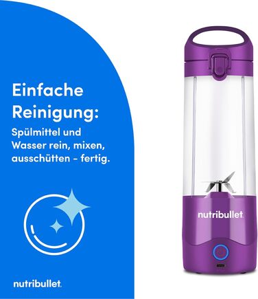 NutriBullet Immersion Blender, Immersion Blender, 475ml BPA-free, Mini-Mixer, Multi-Function Mixer, USB-C Charger, over 15 blending cycles, Violet, NBP003PU Portable Violet
