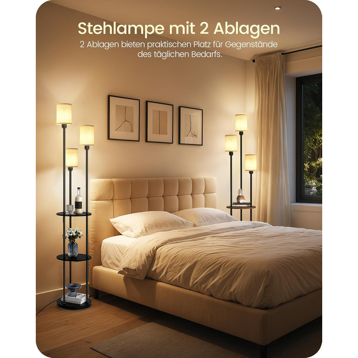 Стельова лампа для вітальні з поличкою, 3-хламкова, вінтажний стиль, бохо, з дерева, з вимикачем на ніжці, E27, ретро, коричнево-бежева ZEF53LDD05