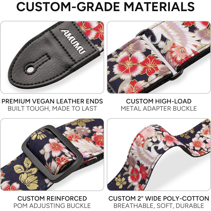 Гітарний ремінь Amumu з бавовни з вишивкою троянд та шкіряними кінцями для бас, електро та акустичної гітари, з фіксатором та блоками для ременя