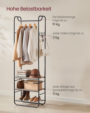 VASAGLE Coat Rack, Clothes Rack, with Shoe Storage, Shoe Shelf, for Entryway, Bedroom, 58 x 28 x 181 cm, Scandinavian, Matte White-Gold Oak HSR81WN (Ink Black + Camel Brown)