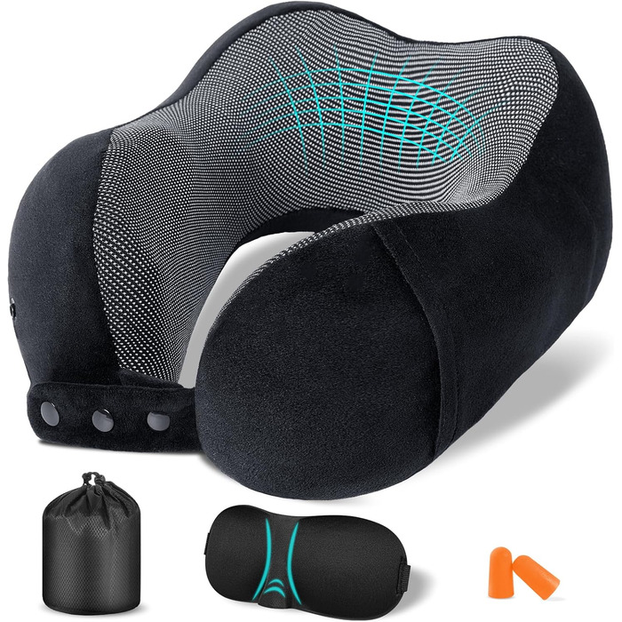 Подушка для шиї у літак, доросла, з піною з пам'яті, регульована, з маскою для сну та берушами, чорна