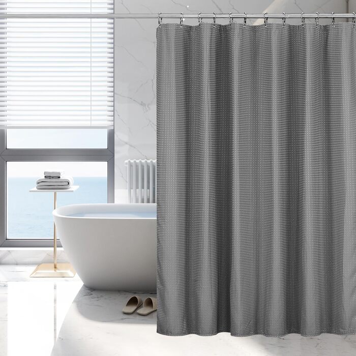 Шторка для душу Waffel сірого кольору 183x198 см - текстильна, з поліестеру, з магнітною фіксацією та 12 кільцями, непрозора та водовідштовхувальна для ванної кімнати, сіра, 1 шт.
