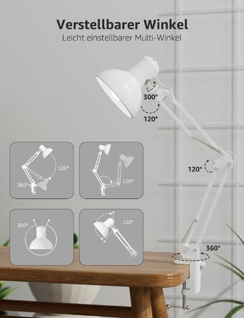 Настільна лампа Lepro Retro з прищіпкою, світлодіодна LED лампа для офісу та читання, регульований гнучкий кронштейн, цоколь E27, денне світло, біла, 38x15x27 см