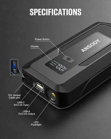 Powerbank для авто 12V Starthilfe 3000A: пусковий пристрій з LED, для бензину/дизеля (10/8L), сірий