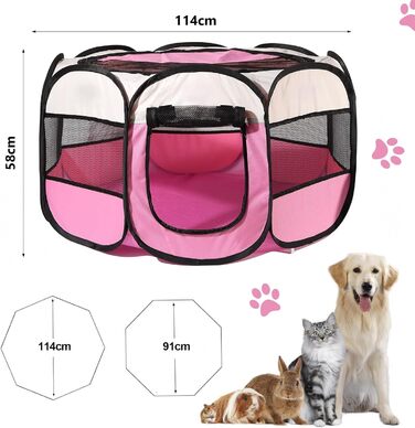 Клітка-забіг для собак та котів, переносний вольєр для тварин, 114x114x58 см, рожевий