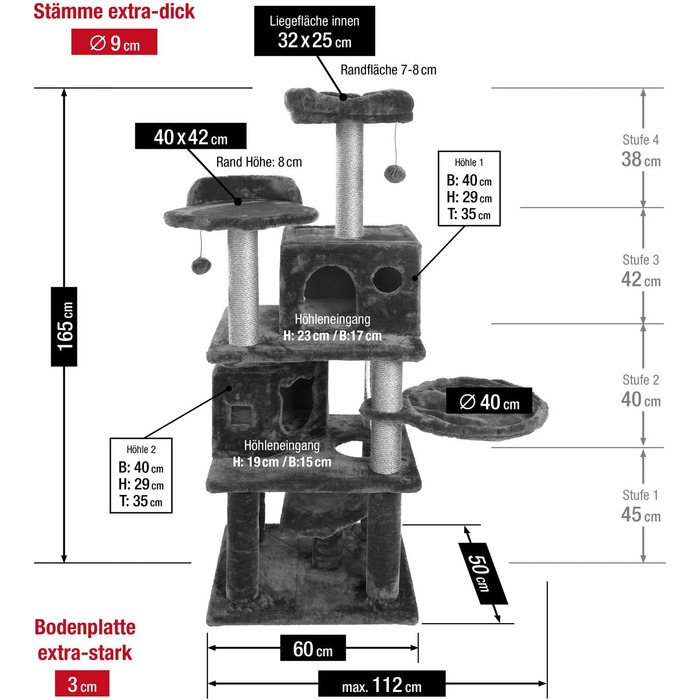 JAMAXX Преміум Дряпка для котів XXL, 165 см, надміцний, 9 товстих стовпів, міцна основа 3 см, супер м'який плюш, PCT6006 темно-сірий (грау-браун)