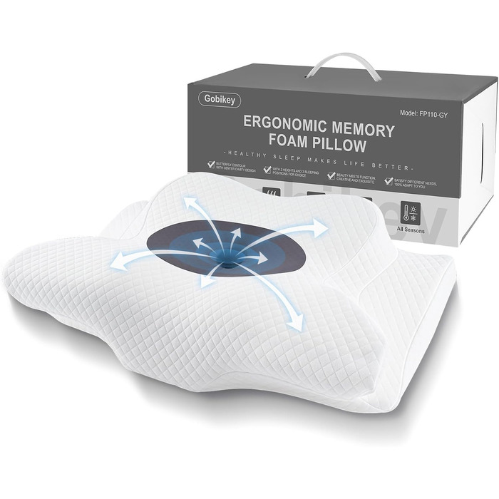 Ергономічна ортопедична подушка для шиї та голови з ефектом пам'яті (Memory Foam), 2-в-1, зі знімним чохлом, сіра, 62 x 39 x 11/13 см
