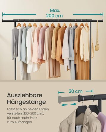 SONGMICS Clothes Rack with Wheels, Coat Rack, Heavy-Duty, Extendable Clothes Rod, Holds up to 110 kg, 45 x (160-200) x 162.9 cm, Metal, Chrome, HSR176E01 ((160-200)B cm, Matte Black)