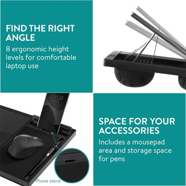 Підставка для ноутбука Navaris з пластику - для ліжка, дивана, планшета. 37,6x28x5,8 см. Підставка-подушка для ноутбука, 8 рівнів, з підкладкою для миші (Чорний)