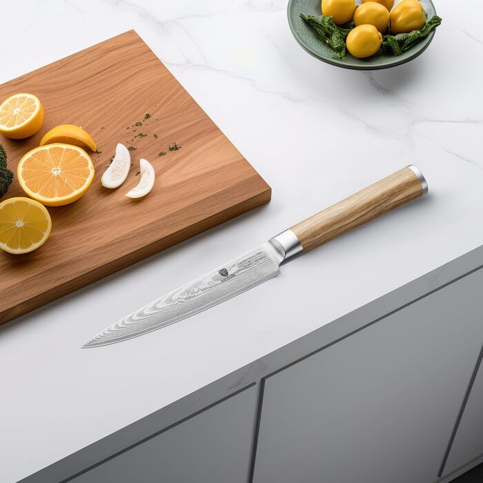 BRODARK Ніж кухарський Дамаск з VG10 сталевим ядром, професійний, з ручкою з оливкового дерева, High Carbon нержавіюча сталь (5.5 дюймів)