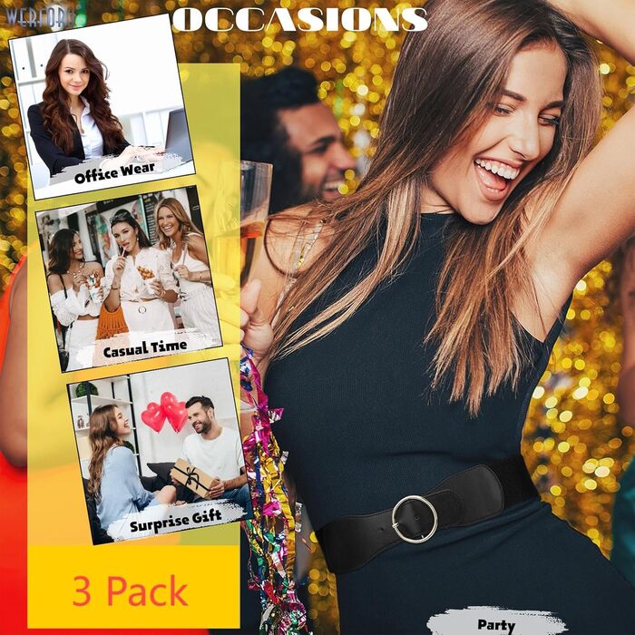 Еластичний пояс для жінок WERFORU 3 шт. Широкий ремінь для сукні, чорний+коричневий+бежевий, розмір M (73-82 см)