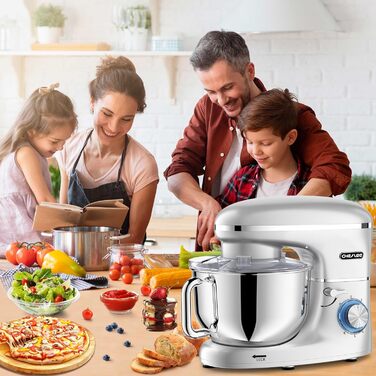 Кухонна машина Cheflee 2000W з чашею 6.2L з нержавіючої сталі, 6 швидкостей, низький шум, міксер, гак для тіста, захист від бризок, срібна