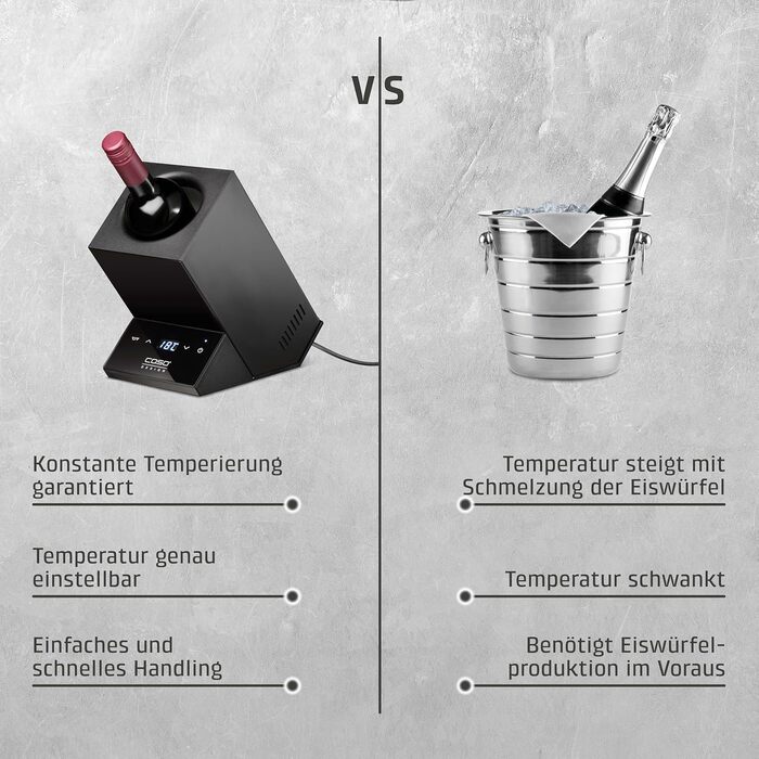 CASO WineCase One Black - Single Bottle Wine Cooler with Temperature Control (5-18°C), Stainless Steel Finish