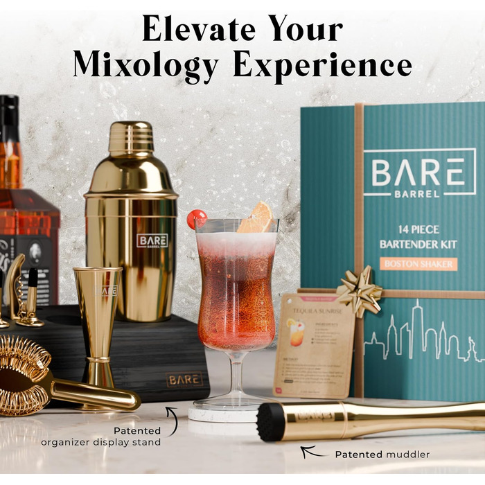 Професійний набір для коктейлів BARE BARREL Mixology Barkeeper Kit, 14 предметів, золотий, з шейкером Коблер 24oz та картками рецептів
