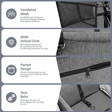 Автокрісло для собак на заднє сидіння, Oxford, дихаючий матеріал, миється, для собак маленьких та середніх порід, темно-сірий