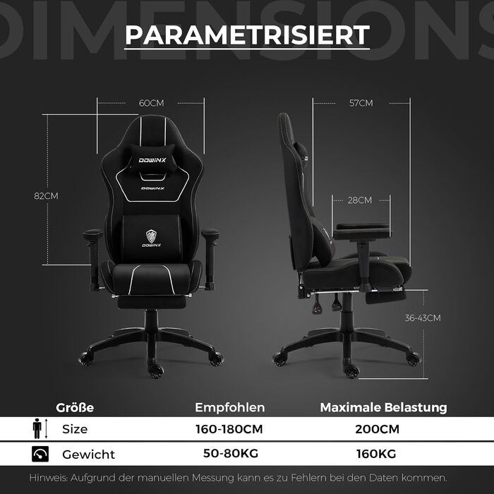 Ігровий крісло Dowinx з тканини, чорного кольору, з ергономічним дизайном та м'якими підлокітниками для комфортного тривалого сидіння