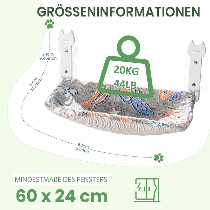 Кішка ліжко на вікно, світлодіодна килимок, складана, бездротова, до 20 кг, зручне ліжко з оглядом 360°, кішка гамак, віконце ліжко (Сірий, 1 шт.)