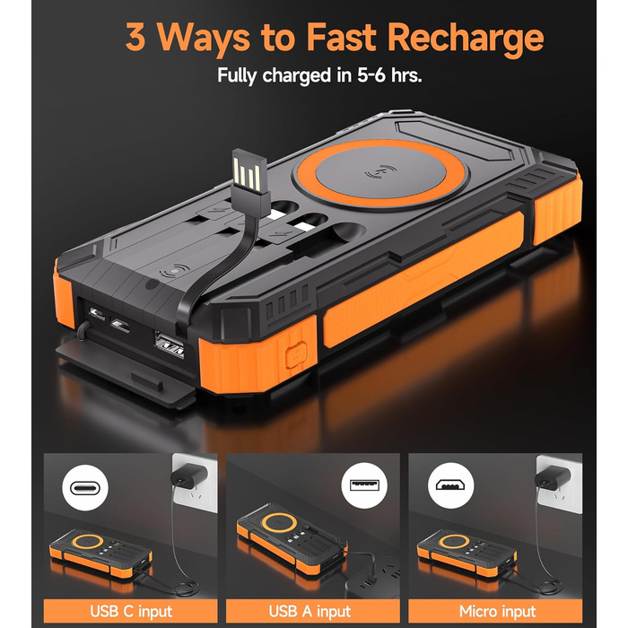 Портативний зарядний пристрій Solar Powerbank 56800 mAh з бездротовою зарядкою, 30W PD, 6 виходів, ліхтарик, велика ємність для кемпінгу та подорожей (Помаранчевий)