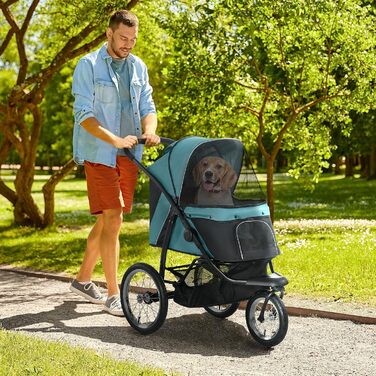 Візок для собак та котів PawHut, складний, до 20 кг, з великими колесами, з подушкою, сіткою та дверима, з кошиком для зберігання (темно-зелений)