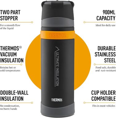 Термос Ultimate Flask 900 мл, матовий чорний, з нержавіючої сталі, для гарячих та холодних напоїв. Зберігає тепло та холод, має витікання.