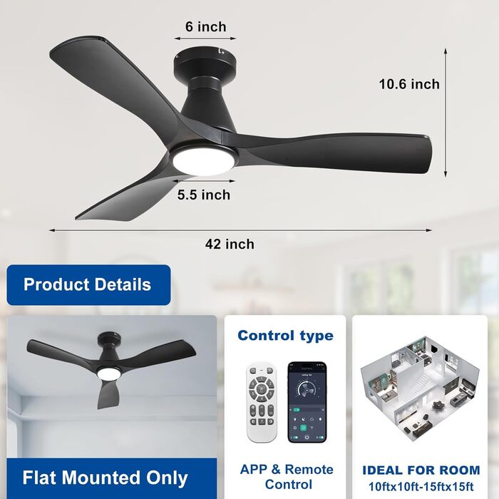 Стелянка вентилятор Depuley 42 дюйми з підсвічуванням: чорний, 3 лопаті, врізний монтаж для спальні. Диммування, керування через додаток, тихий DC-двигун, таймер, чорний колір.