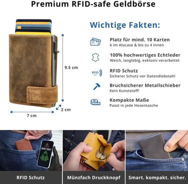 Шкіряний картхолдер SecWal з монетницею та RFID-захистом, коричневий (Hunter Brown) — компактний гаманець з кнопкою для чоловіків та жінок, Made in Germany