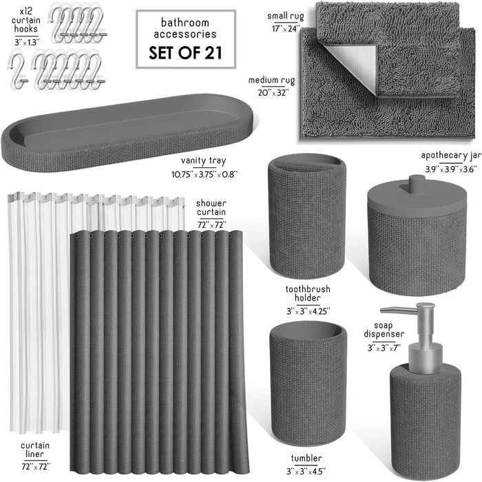 Набір для ванної кімнати Clara Clark – 5-ти елементний набір аксесуарів для ванної кімнати, салатовий колір (сірий), повний комплект + килимок для ванної