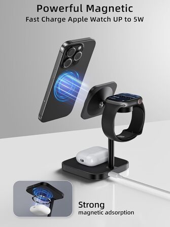 Станція зарядки LULULOOK Qi2 MagSafe 3-в-1 з алюмінію для Apple Watch та iPhone, 15W швидка зарядка для iPhone 17 Pro Max/17 Pro/17 Air/17, 5W для Apple Watch Ultra, AirPods, Титан (Чорний)