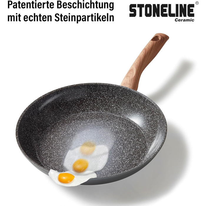 STONELINE Ceramic Cookware Set, 14-Piece, 18/20/24cm Pots and Pans, PFAS-Free, Cookware Set, Pan Set, Induction, Cookware Set with Lids, Ceramic Coating with Real Stone Particles, Wood-Look Handles, 14-Piece