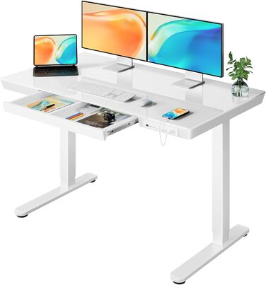 Електричний скляний стіл ErGear 120x60 см з регулюванням висоти, висувною шухлядою, для дому та офісу, біла скляна стільниця, білий каркас